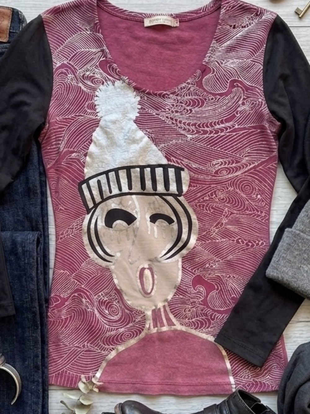 Custo Barcelona VTG Graphic Tee Mixed Print Y2K Cotton Top S Boho Maximalist